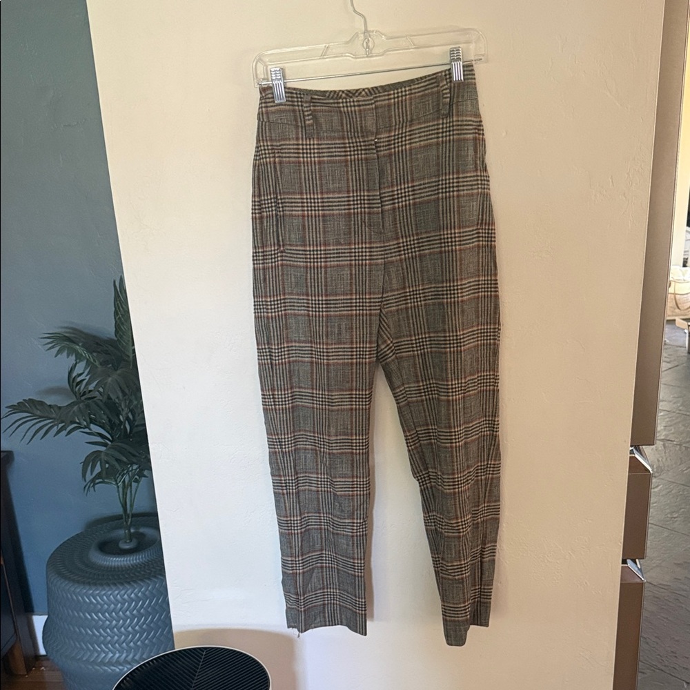 Aritzia Plaid High-Waist Trousers in Brown and Tan with Subtle Red Stripe